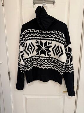 Ralph Lauren LAUREN Black & White Fair Isle Nordic Turtleneck Sweater